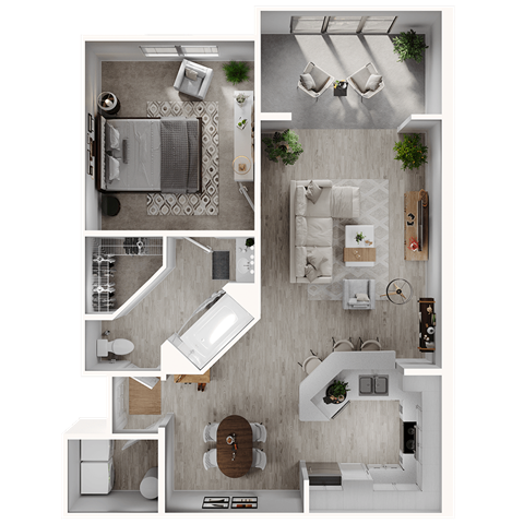 Floor plan for 1 bed, 1 bath, 835 sqft